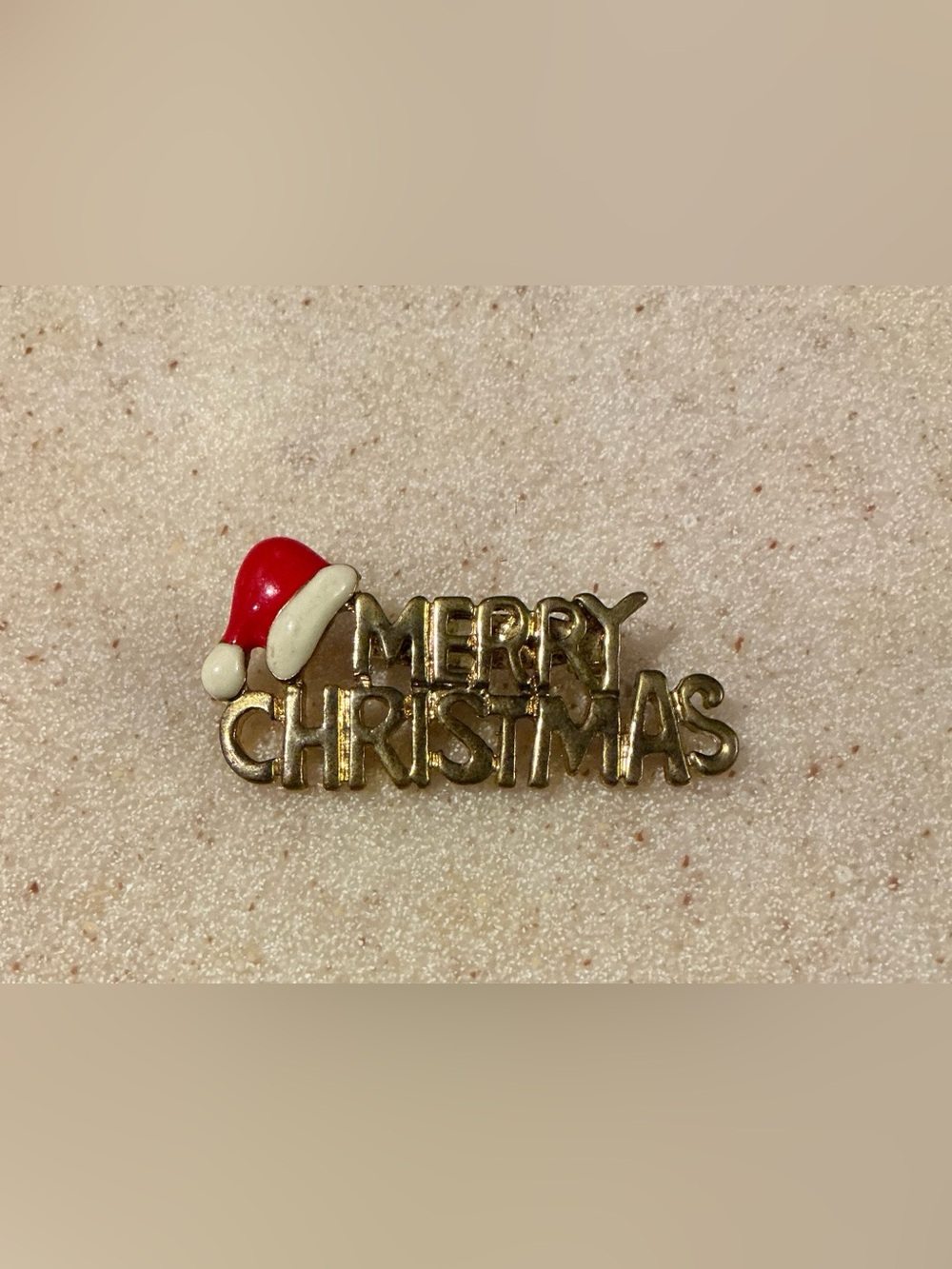 Merry Christmas Gold-tone Brooch with Red Santa Hat